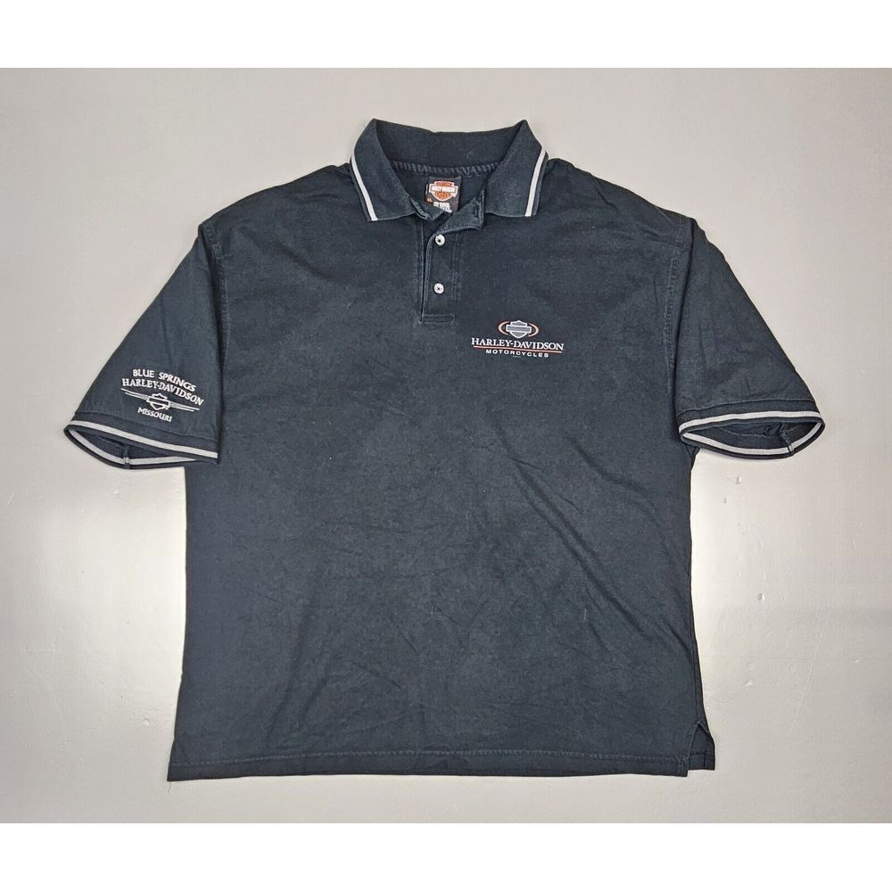 Harley Davidson Polo Shirt Mens XL. Black Embroidered Blue Springs MO.